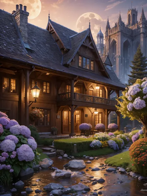 masterpiece, best quality, high quality, extremely detailed CG 8k wallpaper unit, scenery, outdoor, establishment, medieval tavern, autumn sky, autumn dusk, autumn-winter, overcast sky, big moon shining, award-winning photography, Depth of Field, HDR, flow...