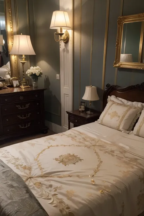 The image shows an intimate environment, suggesting a classically decorated room, luxurious and cozy. With a very big bed, king size. In the left corner, there are pillows with white fabric pillowcases and an embossed floral pattern, surrounded by elegant ...