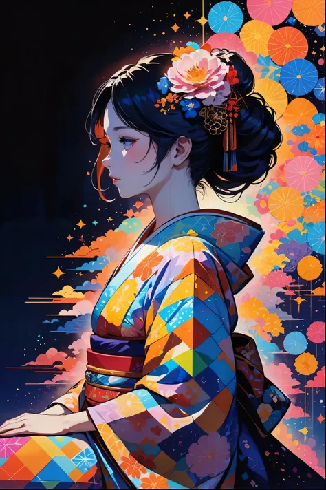 2D, flat, detailed animation, vibrant colors, space mystery, sparkling lights,1 girl, full body, sitting, a silhouette of a geisha girl in profile, wearing an ornate kimono and hair ornament, illuminated with an array of shimmering rainbow colors and abstr...