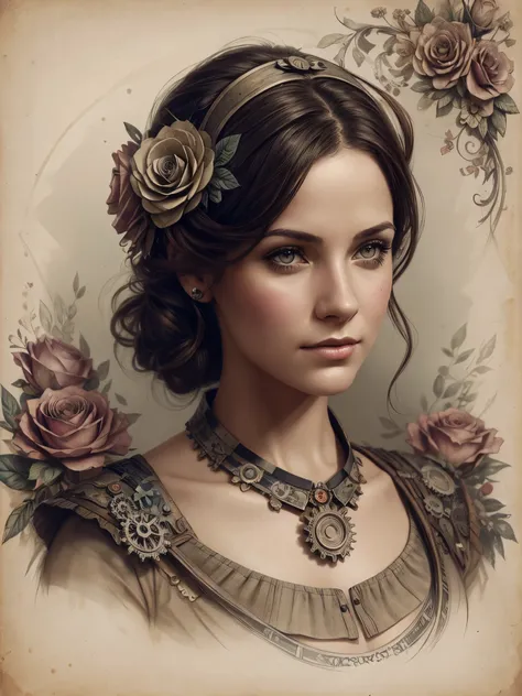 Charlie Bowater realistic Lithography sketch portrait of a woman, flowers, [gears], pipes, dieselpunk, multi-colored ribbons, old paper texture, highly detailed