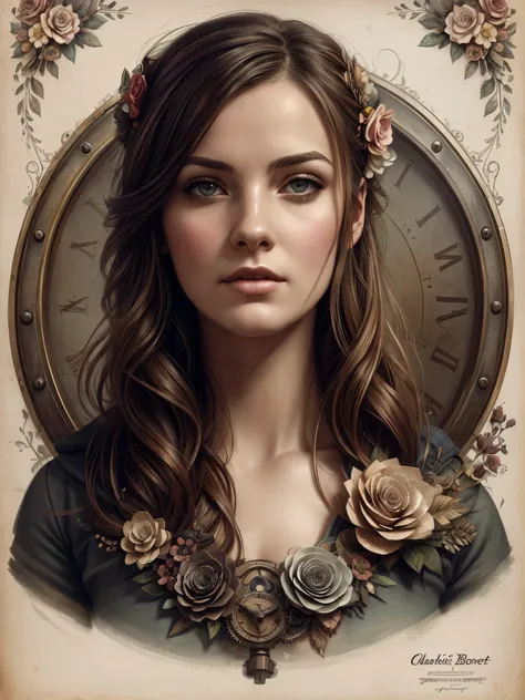 Charlie Bowater realistic Lithography sketch portrait of a woman, flowers, [gears], pipes, dieselpunk, multi-colored ribbons, old paper texture, highly detailed