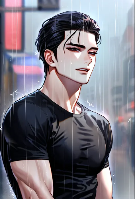 absurdres, highres, ultra detailed, HDR, master piece, best quality, perfect eyes, defined appearance, Joo Jaekyung, black hair, slicked back, ruffled, expressive gray eyes, Jinx, solo, sexy man, handsome, smirking, horny, toned, black tight T-shirt, eroti...