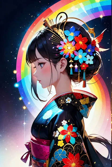 2D, flat, detailed animation, vibrant colors, space mystery, sparkling lights,1 girl, upper body, a silhouette of a geisha girl in profile, wearing an ornate kimono and hair ornament, illuminated with an array of shimmering rainbow colors and abstract geom...