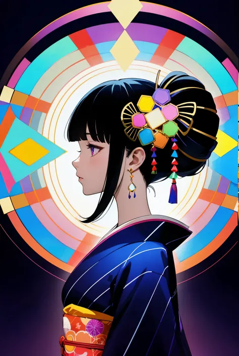 2D, flat, detailed animation, vibrant colors, space mystery, sparkling lights,1 girl, upper body, a silhouette of a geisha girl in profile, wearing an ornate kimono and hair ornament, illuminated with an array of shimmering rainbow colors and abstract geom...