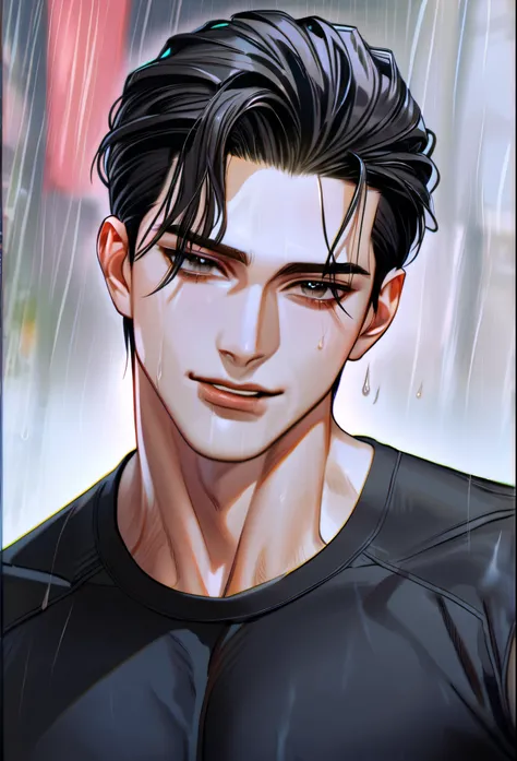 absurdres, highres, ultra detailed, HDR, master piece, best quality, perfect eyes, defined appearance, Joo Jaekyung, black hair, slicked back, ruffled, expressive gray eyes, Jinx, solo, sexy man, handsome, smirking, horny, toned, black tight T-shirt, eroti...