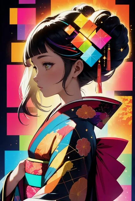 2D, flat, detailed animation, vibrant colors, space mystery, sparkling lights,1 girl, upper body, a silhouette of a geisha girl in profile, wearing an ornate kimono and hair ornament, illuminated with an array of shimmering rainbow colors and abstract geom...