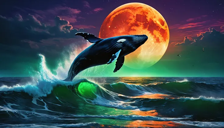  A whale jumping on a full moon, cinematic, image Bioluminescent waves emerge with a captivating mix of shades of bright green, fiery red, deep purple and orange. The sea breeze adds a touch of mystery and beauty to the scene. In the background, the vibran...