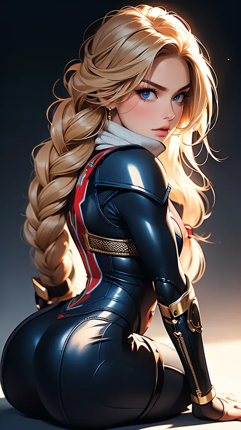 ((Masterpiece)), envision a 8k, highres, cinematic, extremely beautiful semi realistic full body pinup of a beautiful mature lady with a strong face, slender body, SheikZ, WMASK, bodysuit, mean face, ((long braided blonde hair)),  blush, flustered, side lo...