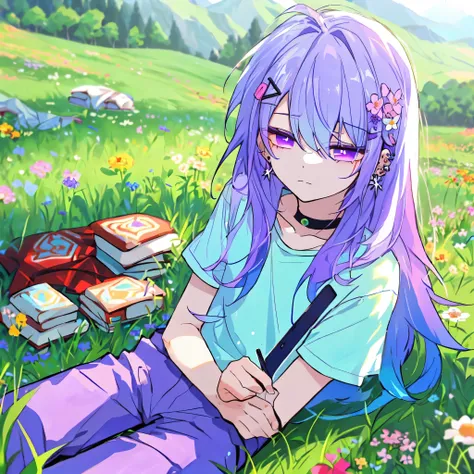 (masterpiece, best quality, highres:1.6), (1boy, solo, male focus:1.2), (a boy sitting on the grass, a 1 boy studying in a meadow:1.6), (gradient hair color, fading hair color, pastel blue to pastel purple hair color: 1.999), (long hair:1.75), (eyelashes, ...