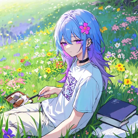 (masterpiece, best quality, highres:1.6), (1boy, solo, male focus:1.2), (a boy sitting on the grass, a 1 boy studying in a meadow:1.6), (gradient hair color, fading hair color, pastel blue to pastel purple hair color: 1.999), (long hair:1.75), (eyelashes, ...