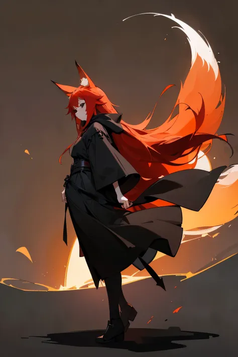 1girl, ((red long hair)), ((fox red ears)), (((no human ears))), ((one fox red tail)), ((black long hood)), serius face, cute girl, (((black eyes))), medieval, medieval town background, ((just fox ears)), full body, ((black tunic)), (((remove human ears)))...