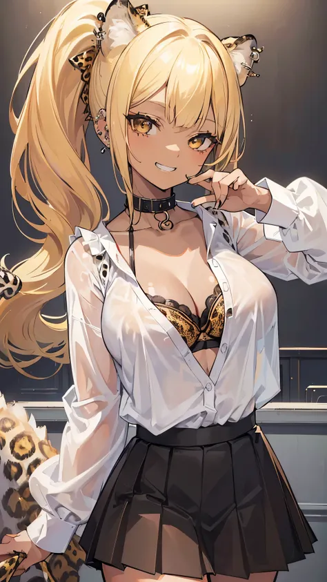 ((masterpiece、Best Quality、Very detailed))、One girl、((Brown skin:1.3))、Yellow Hair、side ponytail、blunt bangs、Grey Eyes、evil smile、((Grin))、((lots of piercing))、Large Breasts、((White collared shirt))、((clavicle))、cleavage、((leopard print bra))、((Black pleat...