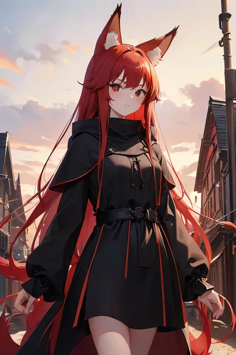 1girl, ((red long hair)), ((fox red ears)), (((no human ears))), ((one fox red tail)), ((black long hood)), serius face, cute girl, (((black eyes))), medieval, medieval town background, ((just fox ears)), full body, ((black tunic)), (((remove human ears)))...