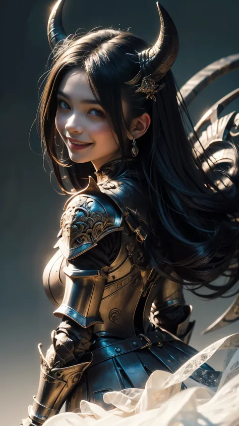 ((Extreme close up ((three quarter side portrait)) of a smiling succubus demonette with Asian features)), ((slender figure)), (((wearing comprehensive incredibly detailed ornate heavy armour))), shapeless long hair, perfect features, horns, ((ethereal chia...