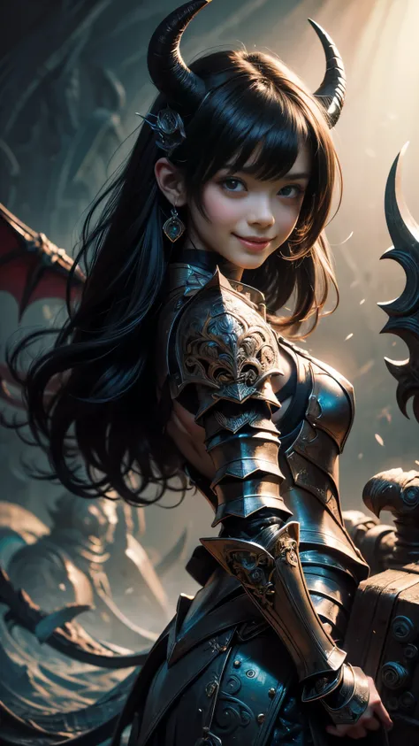 ((Extreme close up ((three quarter side portrait)) of a smiling succubus demonette with Asian features)), ((slender figure)), (((wearing comprehensive incredibly detailed ornate heavy armour))), shapeless long hair, perfect features, horns, ((ethereal chia...