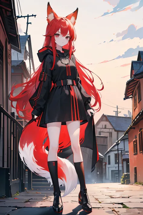 1girl, ((red long hair)), ((fox red ears)), (((no human ears))), ((one fox red tail)), ((black long hood)), serius face, cute girl, (((black eyes))), medieval, medieval town background, ((just fox ears)), full body, ((black tunic)), (((remove human ears)))...