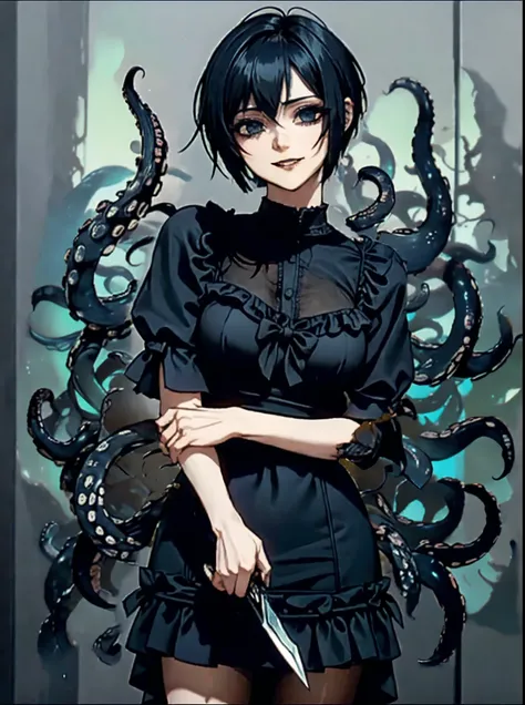 tentacles girl. yandere eyes. short hair. black hair. laughing. hold a knife in hand. gothic fashion.