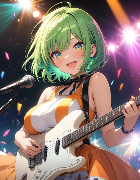 (masterpiece: 1.2), (Very detailed: 1.2), (Very detailed CG: 1.2), (High image quality: 1.2), (最High image quality), 8k, Anime illustration,far and near method, Background Blur、Foreground blur, stage、Live、1 person、Idol clothing、Bright green hair、Short Bob ...