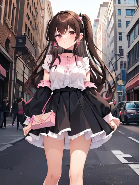 masterpiece, high quality, 1 girl, brown hair, curly hair, long hair, ((two side up)), pink eyes, pink frill shirts, black frill, black skirt, white stockings, many ear piercings, (wearing a black mask), in the street, tits sucked by tentacles