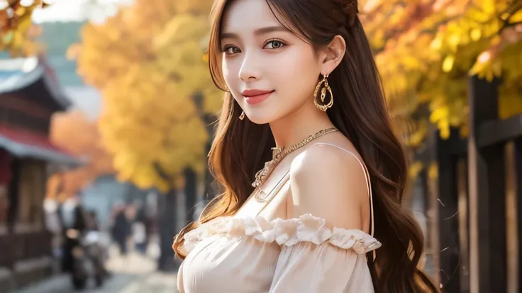 Highest quality、High resolution、8K wallpaper、Dense and beautiful eyedium hair、(Beautiful breasts:1.3)、Natural color lip、2 woman、Brown Hair、smile、Semi-long hair、Hair tied up、Wearing a necklace and earrings、Black frilly clothes、Sounds fun!、Autumn Festival、Wa...