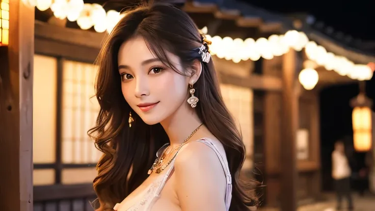 Highest quality、High resolution、8K wallpaper、Dense and beautiful eyedium hair、(Beautiful breasts:1.3)、Natural color lip、2 woman、Brown Hair、smile、Semi-long hair、Hair tied up、Wearing a necklace and earrings、Black frilly clothes、Sounds fun!、Autumn Festival、Ja...