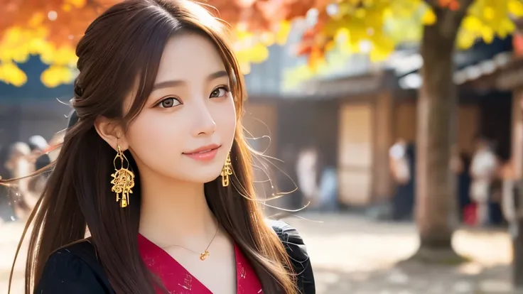 Highest quality、High resolution、8K wallpaper、Dense and beautiful eyedium hair、(Beautiful breasts:1.3)、Natural color lip、2 woman、Brown Hair、smile、Semi-long hair、Hair tied up、Wearing a necklace and earrings、Black frilly clothes、Sounds fun!、Autumn Festival、Ja...