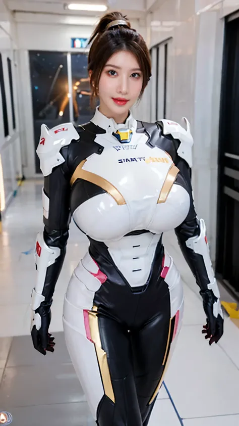 A beauty girl with (wavy ponytail long hair:1.7), mecha_musume, (CLOSE UP UPPER BODY:0.8), (COWBOY SHOT PORTRAIT:1.4), ((HUGE FAKE BREASTS:1.5)), (11 line ABS:1.3), ((MECHA GUARD ARM, MECHA GUARD SHOULDER CRYSTAL CORE:1.2)), (SHINY CRYSTAL CORE ON MECHA ST...