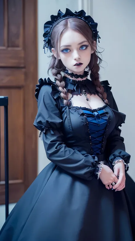 (((Perfect Anatomy))),(((Photoshoot in a goth maid cafe waitress costume))),(masterpiece,Best Quality:1.2),8k,Low-angle shot with an 85 mm lens,official art,RAW Photos,Absurd,Shiny braided chestnut hair,(((blue eyes,Data Fashion,sweet, gothic,Goth Dress:1....