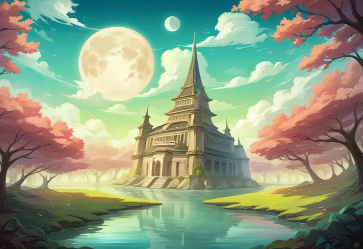 A fifty-something view of a full moon over a lake with a tower, Highly detailed digital art in 4K, 8k Amazing work, Beautiful Art UHD 4K, anime art wallpaper 8k, anime wallpaper 4k, anime wallpaper 4k, anime art wallpaper 4k, anime art wallpaper 4k, 4k ani...