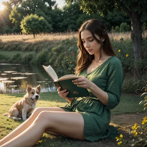 SUN SET, GOLDEN HOUR, SUNLIGHT, woman sitting on grass reading a book with a little dog nearby, dramatic reading spell book pose, digital collage, dramatic reading book pose, reading, digital art but photo, modeling photography, digital art picture, in a o...