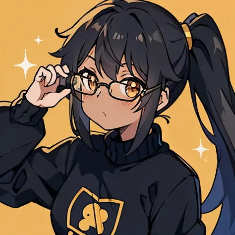 Anime girl,black hair,twin ponytails,wearing black glasses,golden eyes,nerd outfit,nerd sweater,looking at viewer,cute bedroom background,holding a gaming controller, brown skin