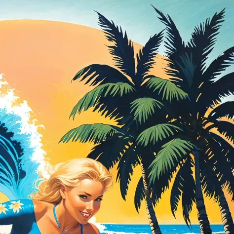 blond woman in blue bikini laying on surfboard in front of a wave, jen bartel, kenton nelson, inspired by Tim Doyle, laurent durieux, by Tim Doyle, style of tim hildebrandt, inspired by Art Frahm, by Howard Lyon, rhads and lois van baarle, inspired by Mort...