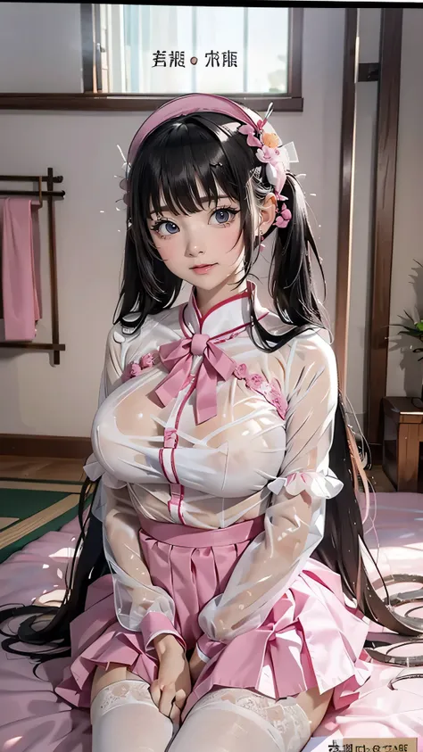 The whole body is drawn on the screen,　There are lots of tissue papers scattered on the tatami mats.,　Very large breasts　Extremely distended breasts　Huge breast swelling　A composition that captures the whole body　Dim pink room　Japanese tatami room　Japanese...