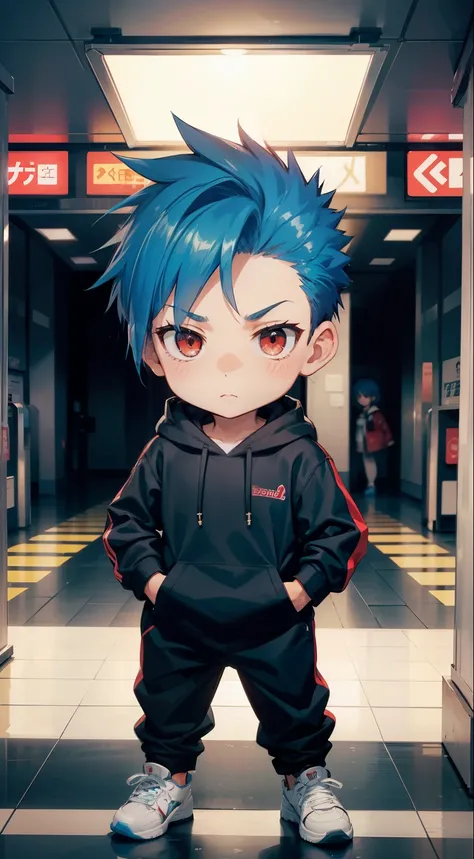 (masterpiece), (best quality: 1.3), (High quality: 1.67), (chibi:1.6) BREAK, (perfect face), (1boy), (solo), BREAK, (tall height: 1.5), (slim, well bulid), BREAK ,( bright blue hair, short hair, spiked hair: 1.3), BREAK, (red eyes: 1.3, expressive eyes, sq...