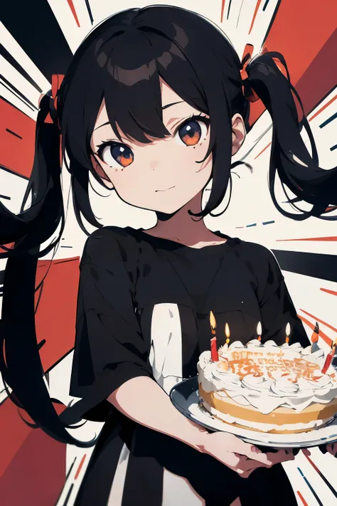 Illustration of a girl holding a cake with candles on it., Holding a birthday cake, thick black Lines Lines, Lines Lines, Sketch!!, Eat cake, clean anime outlines, anime tribal boy with long hair, clean Lines Lines, thick Lines Lines, Moe style anime, In a...