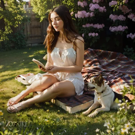 woman sitting on blanket reading a book with her dog, by Zofia Stryjenska, inspired by Anka Zhuravleva, summer afternoon, by Hristofor Zhefarovich, sunny morning light, by Aleksander Gierymski, book portrait, summer morning light, highly realistic photo, r...