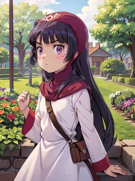 (ruri gokou), 1 Female, solo, (dqPOM), red hood, Robe, purple hood, Hime cut, Black Hair, Long Hair, mole, blush, Red ribbon, garden, Cowboy Shot