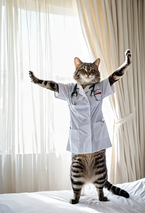 rating_safe, score_9, score_8_up, score_7_up, score_6_up, score_5_up, score_4_up, hires, source_furry, cover page, Cat nurse reaching for me anxiously, Hospital room, White curtains, sunlight, window, nurses outfit, absurdres, perfect anatomy(kemono, cute ...