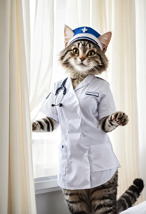 rating_safe, score_9, score_8_up, score_7_up, score_6_up, score_5_up, score_4_up, hires, source_furry, cover page, Cat nurse reaching for me anxiously, Hospital room, White curtains, sunlight, window, nurses outfit, absurdres, perfect anatomy(kemono, cute ...