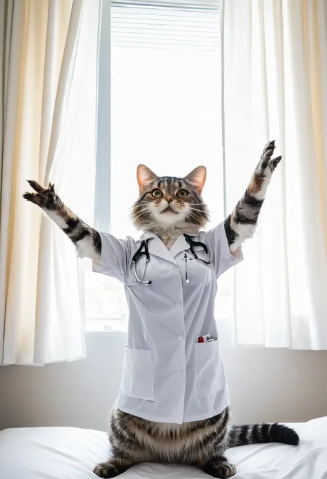 rating_safe, score_9, score_8_up, score_7_up, score_6_up, score_5_up, score_4_up, hires, source_furry, cover page, Cat nurse reaching for me anxiously, Hospital room, White curtains, sunlight, window, nurses outfit, absurdres, perfect anatomy(kemono, cute ...