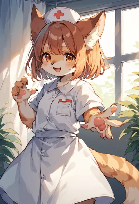 rating_safe, score_9, score_8_up, score_7_up, score_6_up, score_5_up, score_4_up, hires, source_furry, cover page, Cat nurse reaching for me anxiously, Hospital room, White curtains, sunlight, window, nurses outfit, absurdres, perfect anatomy(kemono, cute ...