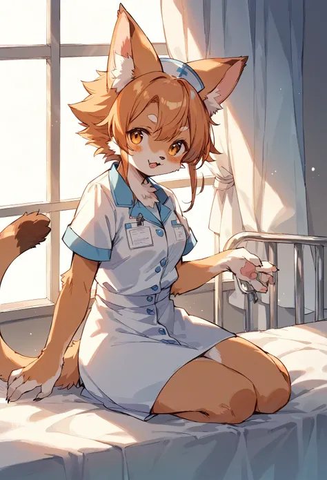 rating_safe, score_9, score_8_up, score_7_up, score_6_up, score_5_up, score_4_up, hires, source_furry, cover page, Cat nurse reaching for me anxiously, Hospital room, White curtains, sunlight, window, nurses outfit, absurdres, perfect anatomy(kemono, cute ...