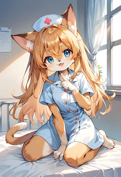 rating_safe, score_9, score_8_up, score_7_up, score_6_up, score_5_up, score_4_up, hires, source_furry, cover page, Cat nurse reaching for me anxiously, Hospital room, White curtains, sunlight, window, nurses outfit, absurdres, perfect anatomy(kemono, cute ...