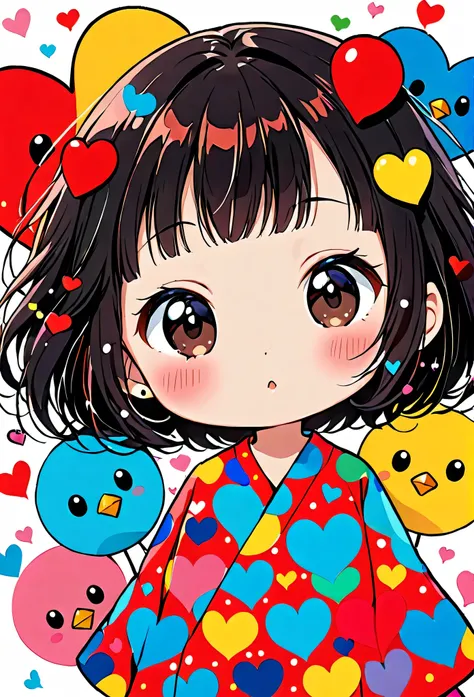 Ultra-realism Yayoi Kusama colorful style, Simple Line Initialism，Abstract art，(((The most beautiful girl of all time))), Chibi, colorful hearts, kawaii design, (((Cute little bird)))