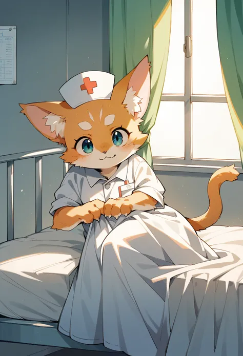 rating_safe, score_9, score_8_up, score_7_up, score_6_up, score_5_up, score_4_up, hires, source_furry, cover page, Cat nurse reaching for me anxiously, Hospital room, White curtains, sunlight, window, nurses outfit, absurdres, perfect anatomy(kemono, cute ...