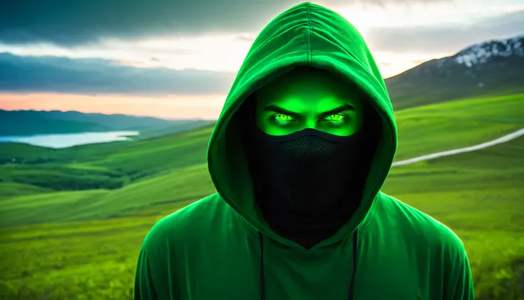 Human male wearing a green hood, Has a mysterious and dark face, Glowing green eyes, A shining landscape in the background  