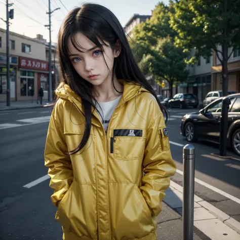 a girl, Yellow jacket, hands in pockets, looking at someone else, long black hair, heterochromic eyes, heterochromic eyes, Heterochromatic pupils, 8k resolution, very detailed, Anatomically correct, digital painting, conceptual art, Makoto Shinkai Style, c...