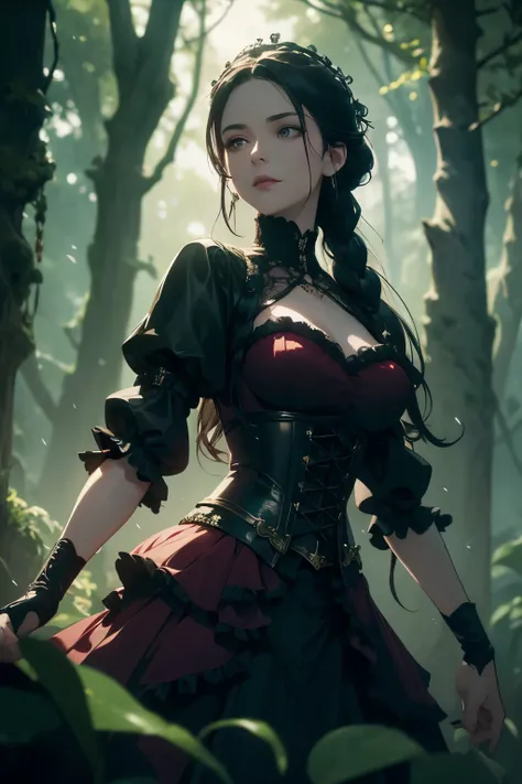 Cinematic fantasy portrait. Long, low-angle shot. Slender young woman with black hair in an updo braid, purple eyes, porcelain skin, stunning corset with lace and frill details, gothic steampunk burgundy and green layered dress hiked at the front for mobil...