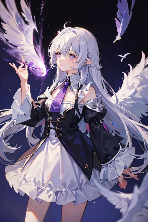 a female angel with long wings, with long white hair and purple eyes. wears a princess dress, black with purple. small feathers above the ears
