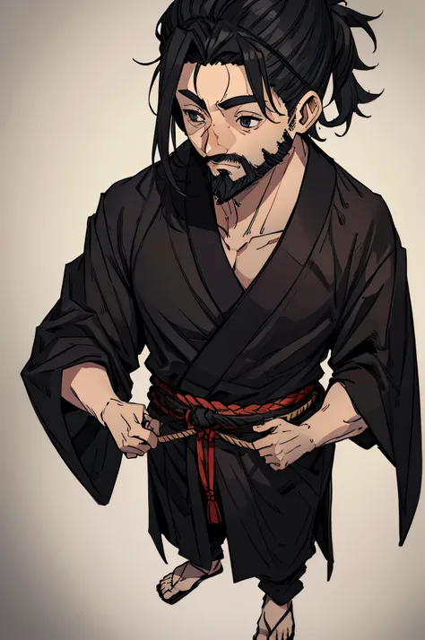 A samurai man, black samurai robe, black hair tied up, thin beard, full body